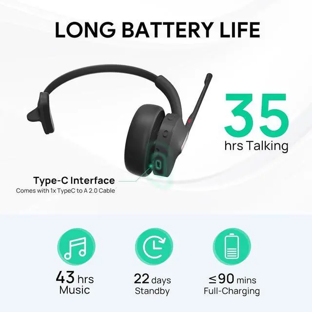 Alt view image 3 of 7 - Yealink BH70 Mono Wireless Headset with Mic for Work, Bluetooth Headphone Teams Certified, up to 35h Talk Time, 91g Lightweight Comfort, USB-C to A