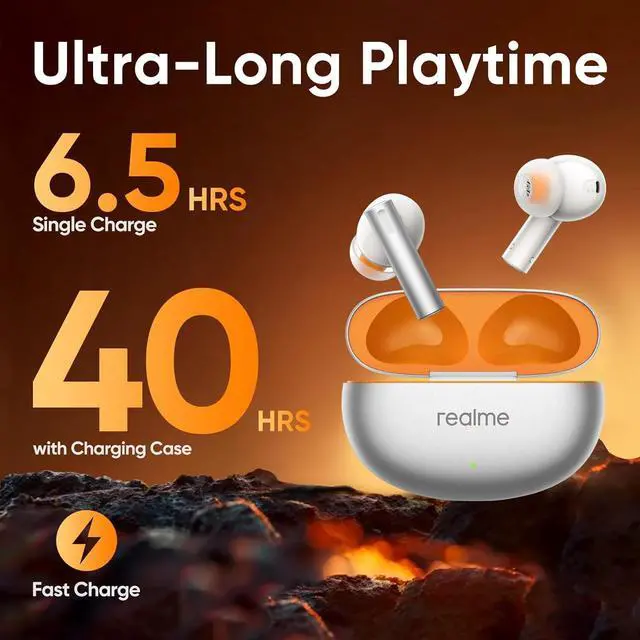 Alt view image 5 of 7 - realme Air 6 True Wireless Earbuds, 50dB Active Noise Reduction, Hi-Res Sound, LHDC, 12.4mm Dynamic Bass Driver, 6 Mics Clear Call, 40H Battery, Bluetooth 5.3, IP55 Water Resistance, Flame Silver