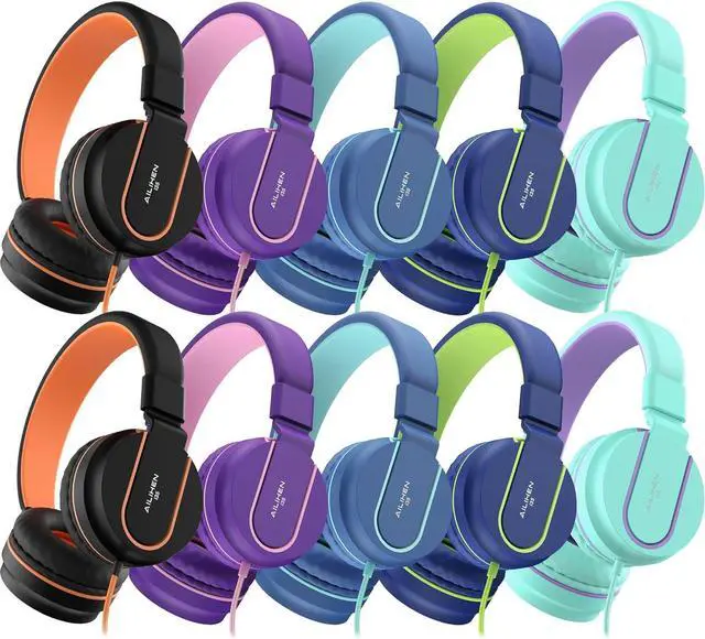 Main image of AILIHEN Kids Headphones Bulk 10-Pack for K-12 School Classroom, On-Ear Wired Headset with Microphone for Students Children with 93dB Volume Limited, 3.5mm Jack for Chromebooks Tablets Laptop Computer
