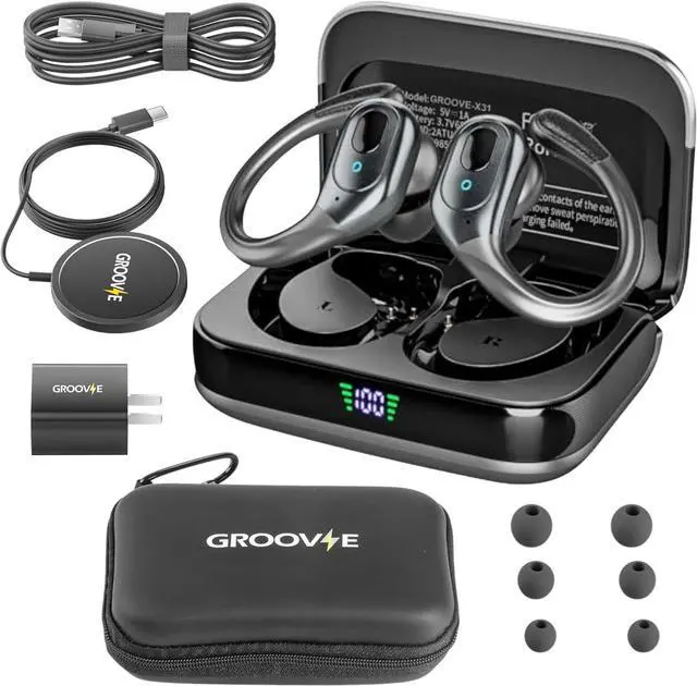Main image of Groove Electronics 4-in-1 Wireless Earbuds w/Charging Case - 80 Hours Playtime Wireless Headphones Bluetooth 5.3 IPX7 Waterproof Noise Cancelling Earphones with LED Light Display | Phone Charging Pad