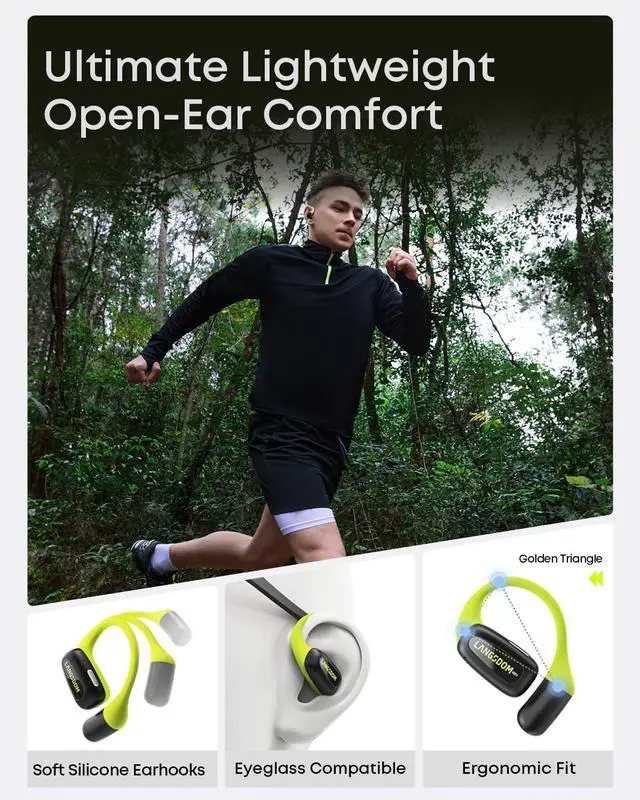 Alt view image 3 of 7 - Langsdom Airfit Open Ear True Wireless Earbuds Bluetooth Headphones, Water Resistants, Ultra-Light, Premium Deep Bass with 24Hrs Play time, Ergonomic Design Secure fit for Worksout & Running, Green