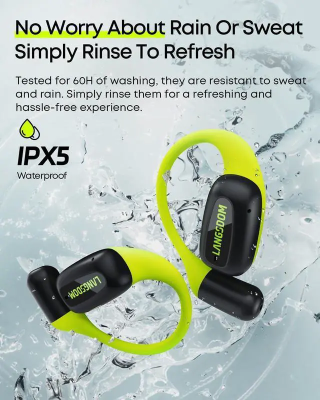 Alt view image 6 of 7 - Langsdom Airfit Open Ear True Wireless Earbuds Bluetooth Headphones, Water Resistants, Ultra-Light, Premium Deep Bass with 24Hrs Play time, Ergonomic Design Secure fit for Worksout & Running, Green