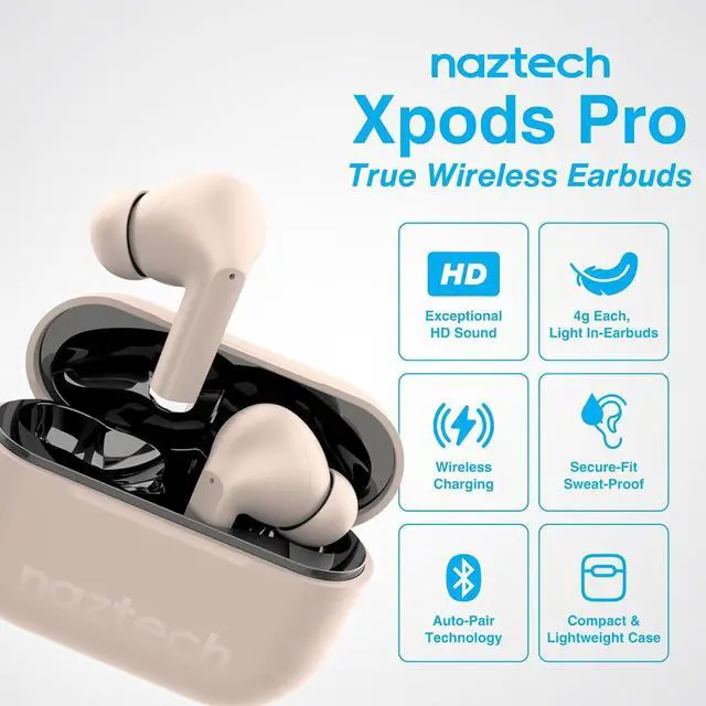 Alt view image 2 of 7 - Naztech Xpods PRO - True Wireless Noise Cancelling Earbuds w/Touch Control, IPX4 Water-Resistant, HD Sound, Secure Fit for Sports, Gym Workouts & More, Includes Wireless Charging Case - Sandstone
