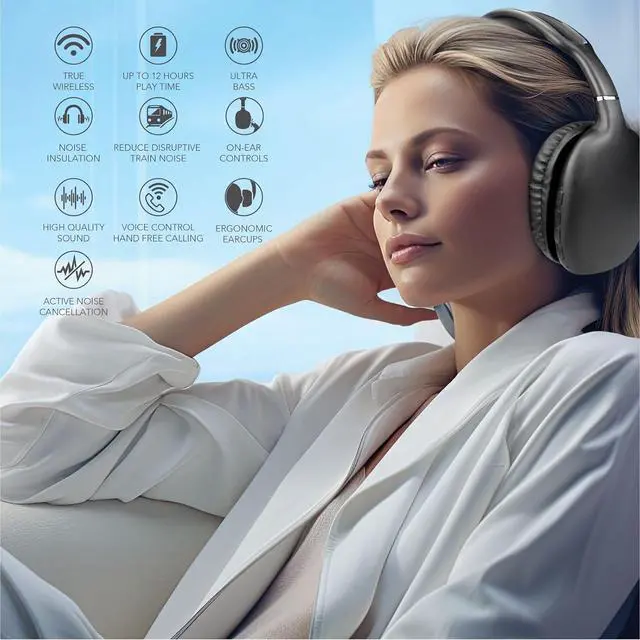 Alt view image 5 of 5 - RCA Wireless Bluetooth Headphones, Over Ear Noise Cancelling Headphones, Deep Bass, 12H Playtime, Bluetooth 5.4, Memory Foam Cushions, Built-in Mic, Universal Compatibility, Black