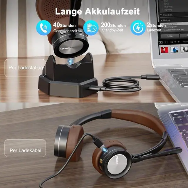 Alt view image 4 of 7 - MAIRDI Bluetooth Headset with Microphone for PC, 40H Work Time, Wireless Headset with Mic Mute Ai Noise Cancelling, Bluetooth Phone Headphone for Computer Laptop Office Call Centers Microsoft Teams