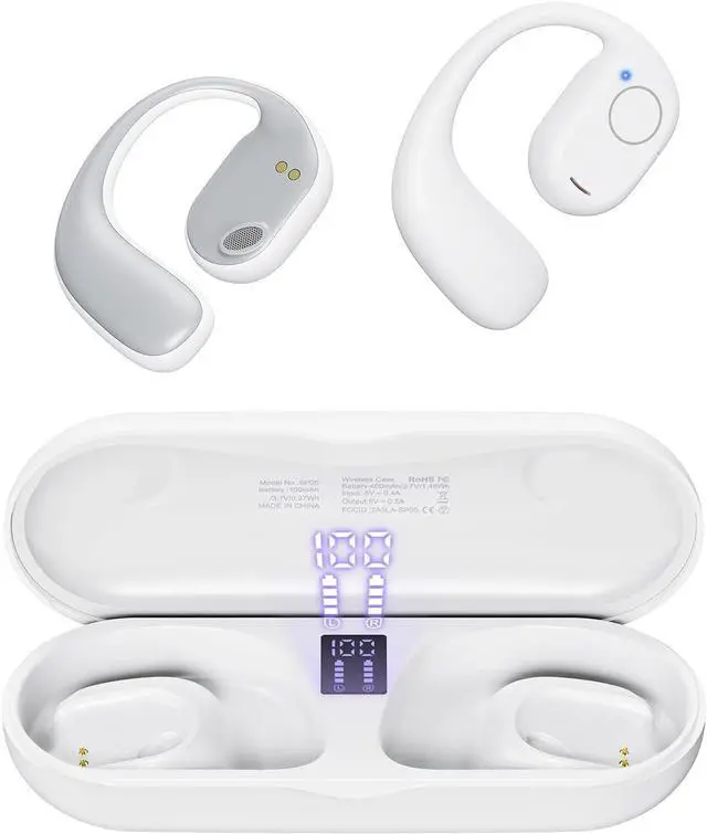 Main image of PSIER Open Ear Bluetooth Headphones, 40 Hours Playtime Bluetooth 5.3 Wireless Sports Earbuds with Digital Display Charging Case, White