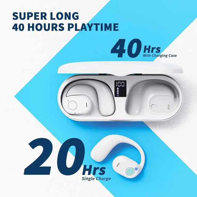 Alt view image 4 of 7 - PSIER Open Ear Bluetooth Headphones, 40 Hours Playtime Bluetooth 5.3 Wireless Sports Earbuds with Digital Display Charging Case, White
