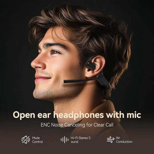 Alt view image 2 of 7 - CXK Open Ear Headphones with Mic, Wireless Headset with AI Noise Cancellation Microphone Bluetooth 5.3 Air Conduction Headphones Bluetooth Headset with Mic for Work Call Meeting Driving