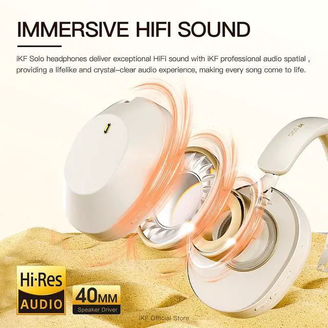 Alt view image 5 of 7 - Solo Wireless Over Ear Headphones with 52dB Active Noise Cancelling, Bluetooth, HiFi Stereo Sound,130H Playback, Detachable Mic, Foldable Headset with Mic for Travel Work Gaming (Offwhite)