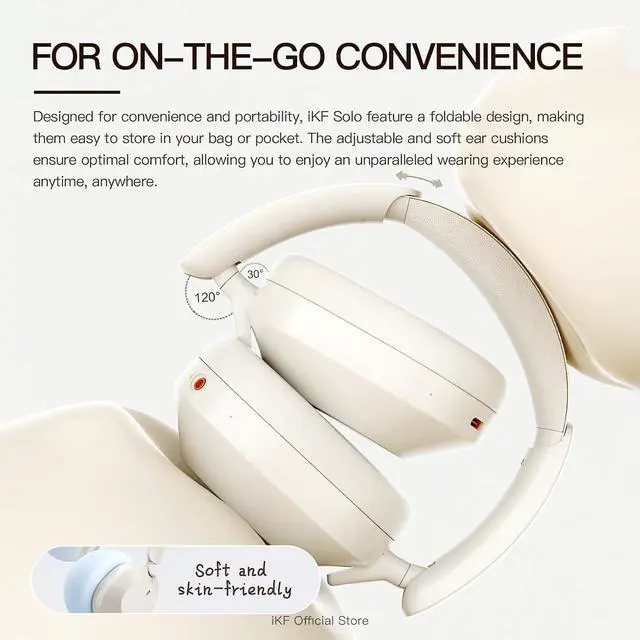 Alt view image 7 of 7 - Solo Wireless Over Ear Headphones with 52dB Active Noise Cancelling, Bluetooth, HiFi Stereo Sound,130H Playback, Detachable Mic, Foldable Headset with Mic for Travel Work Gaming (Offwhite)