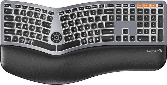 Main image of Backlit Bluetooth Ergonomic Keyboard, ProtoArc EK01 Plus Full Size Wireless Split Keyboard with Dual Bluetooth and USB, Cushioned Wrist Rest, Rechargeable for Windows/Mac/Android, Grey Black