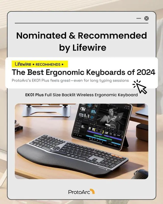 Alt view image 6 of 7 - Backlit Bluetooth Ergonomic Keyboard, ProtoArc EK01 Plus Full Size Wireless Split Keyboard with Dual Bluetooth and USB, Cushioned Wrist Rest, Rechargeable for Windows/Mac/Android, Grey Black
