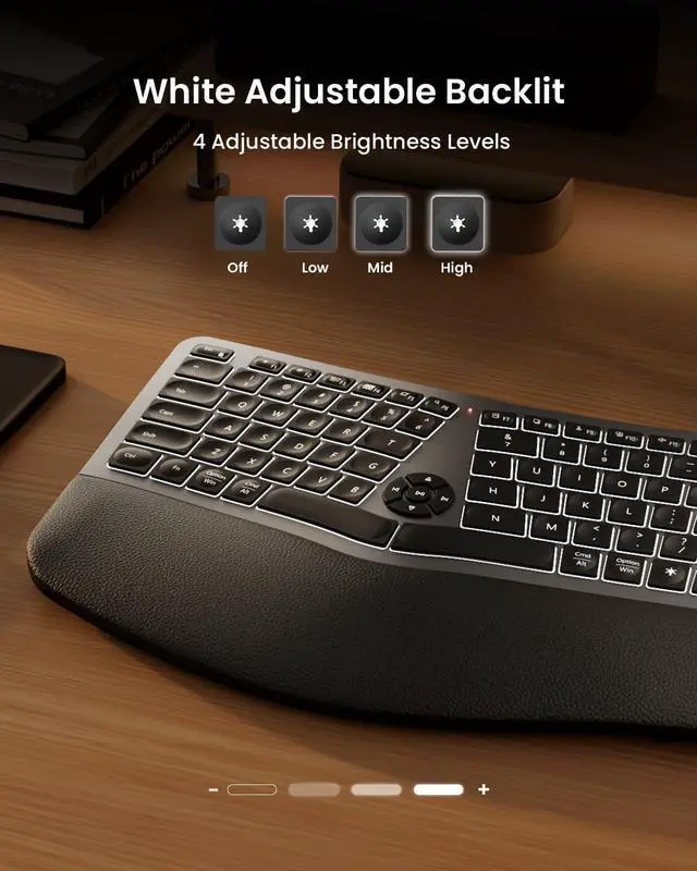 Alt view image 2 of 7 - ProtoArc Backlit Wireless Ergonomic Keyboard, EK01 Plus Full Size Ergo Split Keyboard with Wrist Rest, USB-C Charging, Bluetooth and USB, Natural Typing Compatible with Windows/Mac/Android