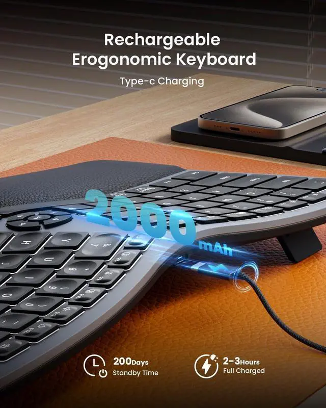 Alt view image 5 of 7 - ProtoArc Backlit Wireless Ergonomic Keyboard, EK01 Plus Full Size Ergo Split Keyboard with Wrist Rest, USB-C Charging, Bluetooth and USB, Natural Typing Compatible with Windows/Mac/Android