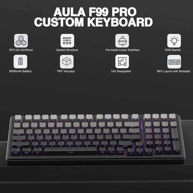 Alt view image 2 of 7 - AULA F99 Pro Wireless Mechanical Keyboard,Gasket Hot Swappable Custom Keyboard,RGB Backlit,Pre-lubed Linear Switches,Side Printed PBT Keycaps,2.4GHz/USB-C/BT5.0 Mechanical Gaming Keyboard