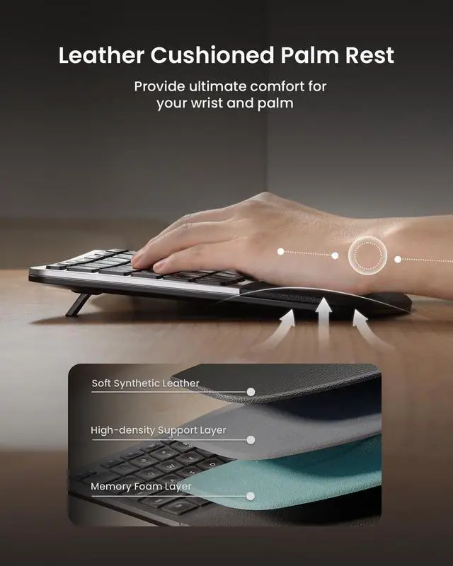 Alt view image 3 of 7 - ProtoArc Ergonomic Keyboard Mouse, EKM01 Plus Full Size Wireless Bluetooth Ergo Keyboard Mouse Combo, Cushioned Palm Rest, Split Design, Rechargeable, Compatible for Windows, Mac OS - Gray and Black