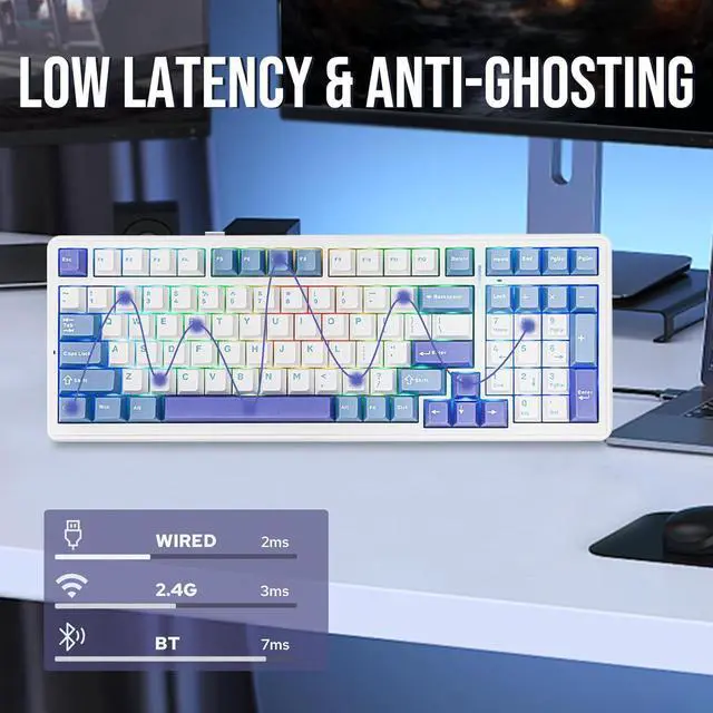 Alt view image 4 of 7 - EPOMAKER x Aula F99 Wireless Mechanical Keyboard, Hot Swappable Gasket Custom Gaming Keyboard with Five-Layer Padding, Bluetooth/2.4GHz/USB-C, 8000mAh Battery (White Light Blue, Graywood V3 Switch)