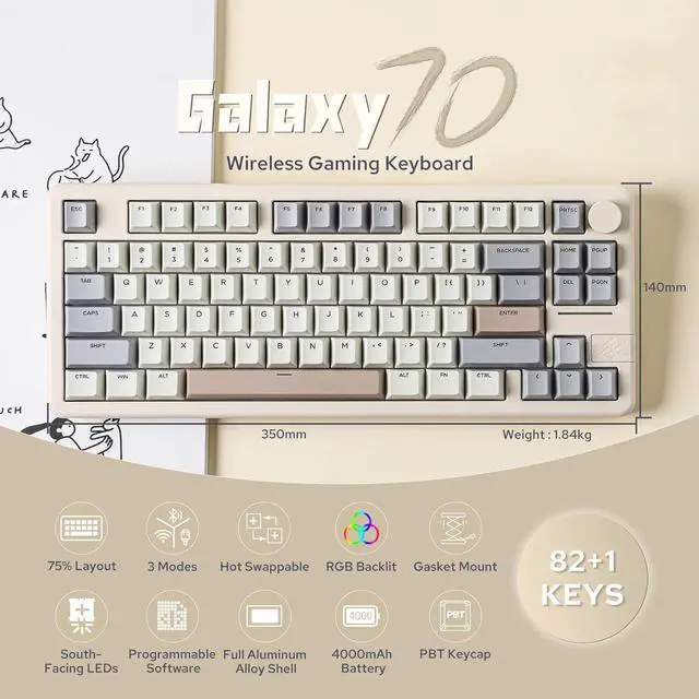 Alt view image 2 of 7 - EPOMAKER Galaxy70 Wireless Gaming Keyboard, 75% Aluminium Mechanical Keyboard, Bluetooth 5.0/2.4GHz/USB-C Wired Programmable Keyboard, Hot Swappable Creamy Keyboard (White, Petal Switch)