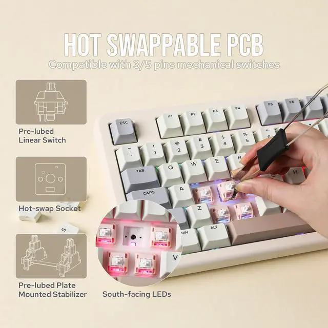 Alt view image 5 of 7 - EPOMAKER Galaxy70 Wireless Gaming Keyboard, 75% Aluminium Mechanical Keyboard, Bluetooth 5.0/2.4GHz/USB-C Wired Programmable Keyboard, Hot Swappable Creamy Keyboard (White, Petal Switch)