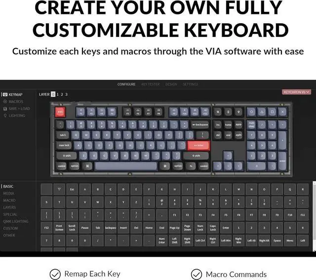 Alt view image 3 of 7 - Keychron V6 Wired Custom Mechanical Keyboard, Full-Size QMK/VIA Programmable Macro with Hot-swappable Keychron K Pro Brown Switch Compatible with Mac Windows Linux (Frosted Black-Translucent)