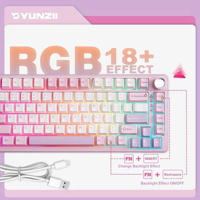 Alt view image 6 of 7 - YUNZII B75 PRO Wireless Mechanical Keyboard,75% Layout with Knob,Hot Swap Gasket Custom Structure,Creamy Pre-lubed Switches,RGB Backlit,Bluetooth/Type-C/2.4G for Win/Mac(Cocoa Cream V2 Switch,Purple)