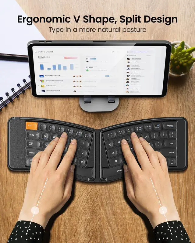 Alt view image 2 of 7 - ProtoArc Ergonomic Foldable Keyboard Mouse, XKM03 Portable Folding Bluetooth Keyboard Mouse Combo for Business and Travel, Split Design, 3 Bluetooth, Rechargeable, for iPad, Tablet, iPhone, Laptop