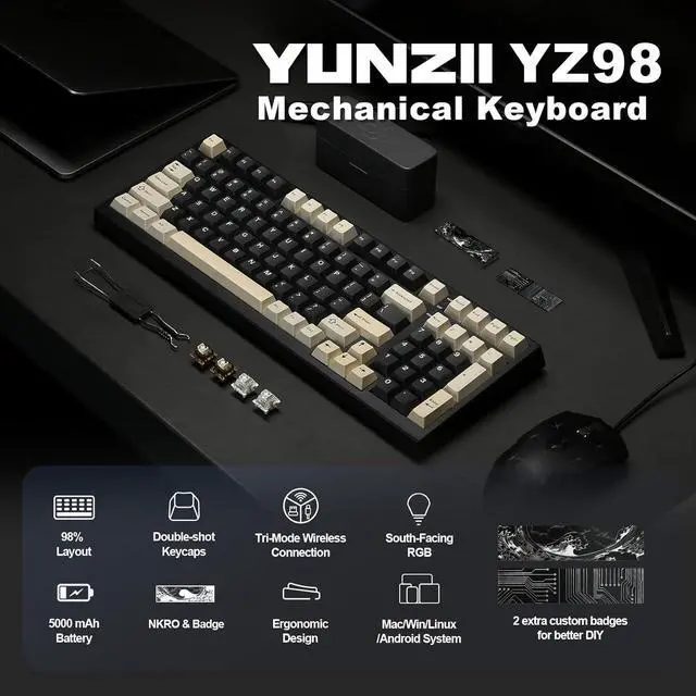 Alt view image 3 of 7 - YUNZII YZ98 Gasket Mechanical Keyboard(Black, Cocoa Cream V2 Switch),Spring Tea Keycap Cherry(Cherry Profile, Spring Tea)