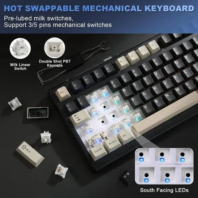 Alt view image 3 of 7 - YUNZII YZ98 Gasket Mechanical Keyboard,99 Key Hot Swappable BT5.0/2.4G/USB-C Wireless NKRO 98% 1800 Layout with RGB LED Backlit for Linux/Win/Mac (Milk Switch, Black)