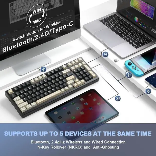 Alt view image 4 of 7 - YUNZII YZ98 Gasket Mechanical Keyboard(Black, Cocoa Cream V2 Switch),Spring Tea Keycap Cherry(Cherry Profile, Spring Tea)