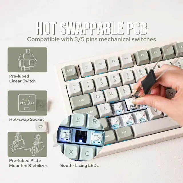 Alt view image 5 of 7 - EPOMAKER x Feker Galaxy80 Gaming Keyboard, Aluminum Alloy Wireless Mechanical Keyboard, BT5.0/2.4G/USB-C Gasket-mounted Keyboard, Hot Swappable, NKRO Creamy Keyboard (Cream White, Marble White Switch)