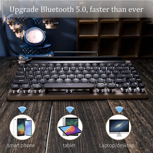 Alt view image 2 of 7 - Typewriter Keyboard Wireless Retro Style, Vintage Classical Mechanical Keyboard with Bluetooth for IPAD PC/Laptop Mac/Phone (Wood)