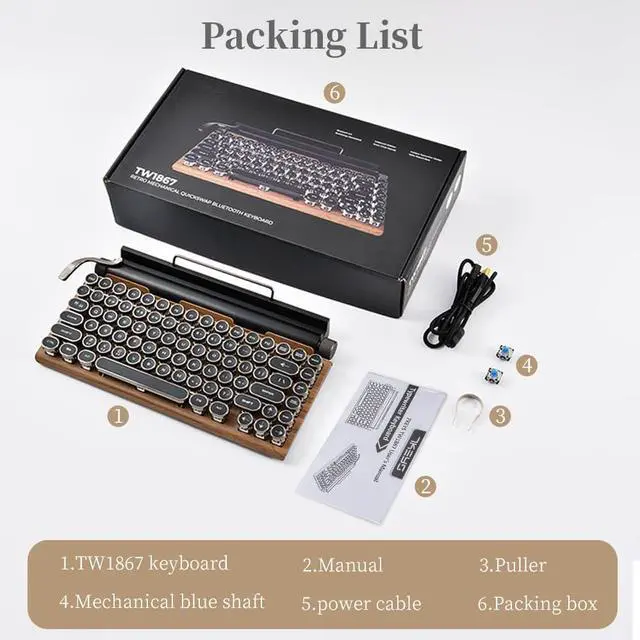 Alt view image 7 of 7 - Typewriter Keyboard Wireless Retro Style, Vintage Classical Mechanical Keyboard with Bluetooth for IPAD PC/Laptop Mac/Phone (Wood)