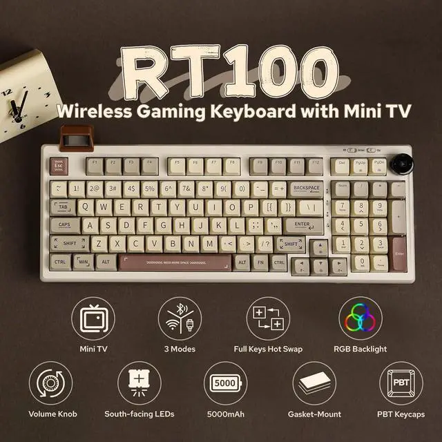 Alt view image 2 of 7 - EPOMAKER RT100 Retro Gaming Keyboard with Display Screen, BT5.0/2.4G/USB-C, 97 Keys Gasket Custom Keyboard, Hot Swappable, RGB Backlit, with Knob for Win/Mac (Gateron Pro Yellow)