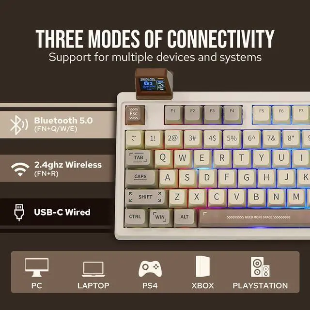 Alt view image 3 of 7 - EPOMAKER RT100 Retro Gaming Keyboard with Display Screen, BT5.0/2.4G/USB-C, 97 Keys Gasket Custom Keyboard, Hot Swappable, RGB Backlit, with Knob for Win/Mac (Gateron Pro Yellow)