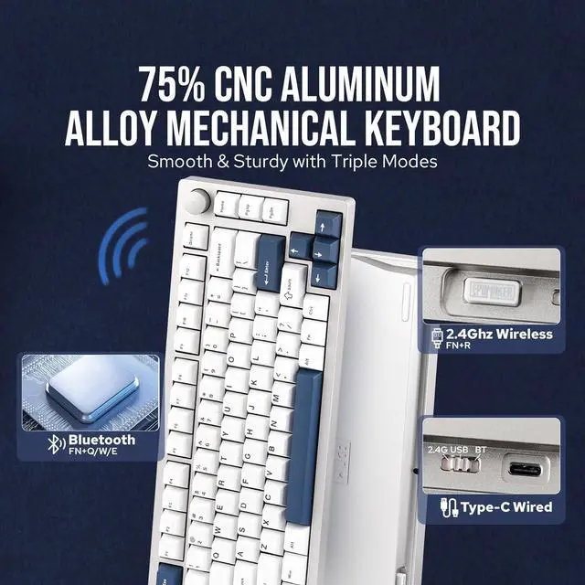 Alt view image 2 of 7 - EPOMAKER P75 Wireless Aluminum Mechanical Keyboard, Bluetooth 5.0/2.4GHz/USB-C Hot Swappable Custom Keyboard, Gasket Structure Creamy Keyboard for PC/Tablet/PS/Xbox (Silver, Wisteria Tactile Switch)