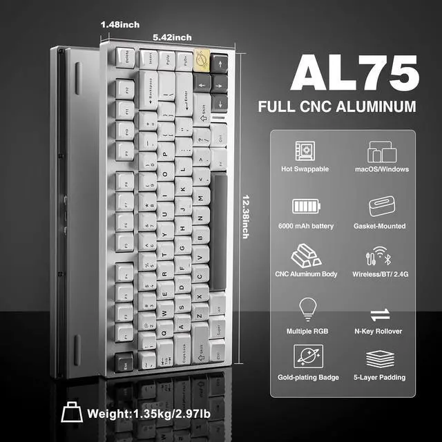 Alt view image 2 of 7 - YUNZII AL75 Wireless Mechanical Gaming Keyboard,Full Aluminum CNC,75% Layout,BT/2.4G/Wired,Hot Swap,Creamy Switches,TKL Gasket,RGB Backlight,Programmable for Mac/Win (Blue Grey Switch,Silver)