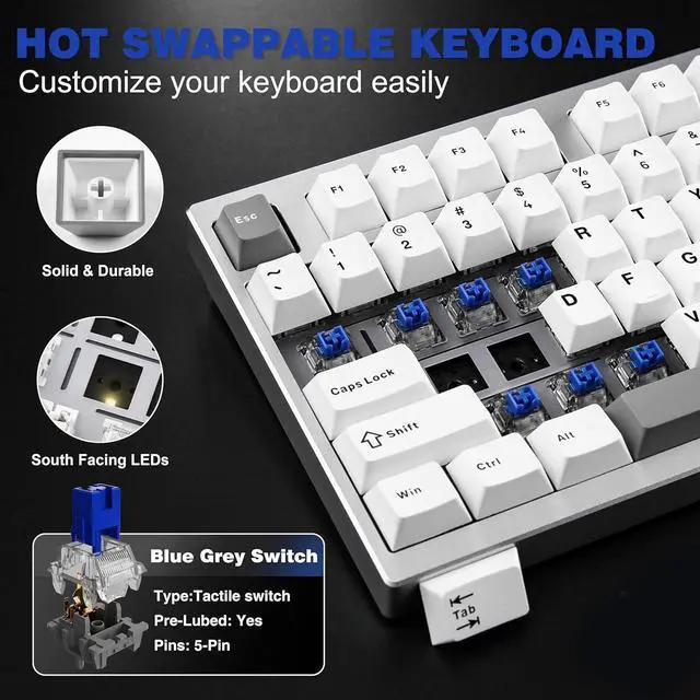 Alt view image 5 of 7 - YUNZII AL75 Wireless Mechanical Gaming Keyboard,Full Aluminum CNC,75% Layout,BT/2.4G/Wired,Hot Swap,Creamy Switches,TKL Gasket,RGB Backlight,Programmable for Mac/Win (Blue Grey Switch,Silver)