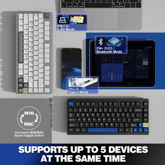 Alt view image 6 of 7 - YUNZII AL75 Wireless Mechanical Gaming Keyboard,Full Aluminum CNC,75% Layout,BT/2.4G/Wired,Hot Swap,Creamy Switches,TKL Gasket,RGB Backlight,Programmable for Mac/Win (Blue Grey Switch,Silver)