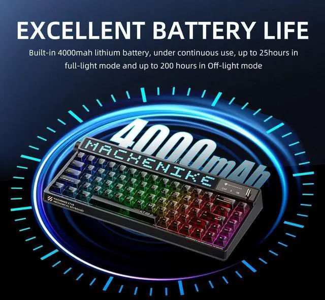 Alt view image 4 of 5 - Machenike KT68 Pro Wireless Compact Mechanical Gaming Keyboard, Customizable LED Screen, 3-Modes 68 Keys Hot Swappable Yellow Switch, Anti-Ghosting, Transparent Keycaps, Win/Mac, Black