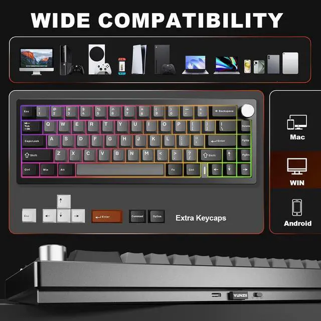 Alt view image 7 of 7 - YUNZII AL68 Wireless Mechanical Keyboard 60%,QMK/VIA Aluminum Keyboard,Hot Swappable Custom Keyboard with Knob,Gasket Structure,RGB Backlit Gaming Keyboard (Black, Gateron Zero)