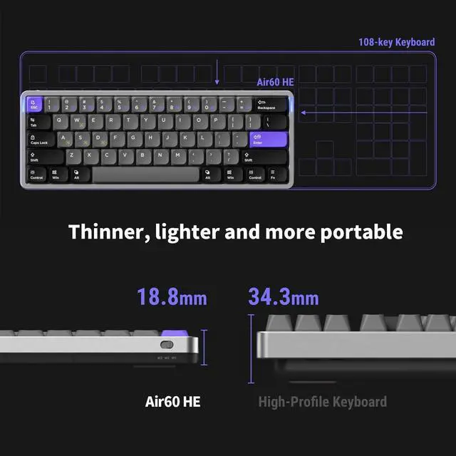 Alt view image 3 of 7 - nuphy Air60 HE Wired Magnetic Gaming Keyboard,61 Keys Rapid Trigger,60% Compact,Actuation Point Adjustable, 8K Hz Polling Rate,Hall Effect Keyboard Low-Profile Magnetic Jade Switch