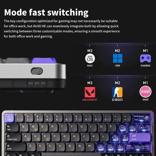 Alt view image 4 of 7 - nuphy Air60 HE Wired Magnetic Gaming Keyboard,61 Keys Rapid Trigger,60% Compact,Actuation Point Adjustable, 8K Hz Polling Rate,Hall Effect Keyboard Low-Profile Magnetic Jade Switch
