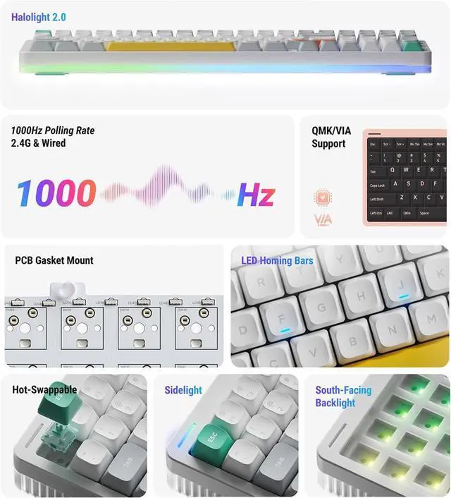 Alt view image 5 of 6 - nuphy Halo96 V2 Wireless Mechanical Gaming Keyboard, Gasket Structure, 96% Hot Swappable, 99 Keys RGB Backlit, Bluetooth/USB-C/2.4GHz, Raspberry Switches (46gf), Green