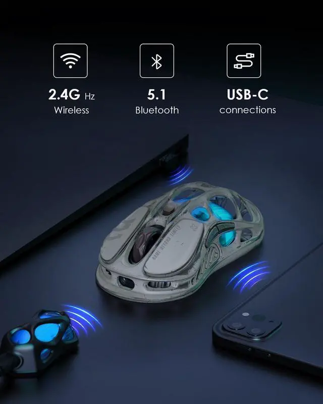Alt view image 5 of 7 - GravaStar Computer Mouse, Mercury M1 Pro Wireless Gaming Mouse with PAW3395DM Sensor, Magnesium Alloy Handcrafted Vintage Finish, 26000 DPI, 5 Programmable Buttons, Outfit with 1K & 4K Dongle