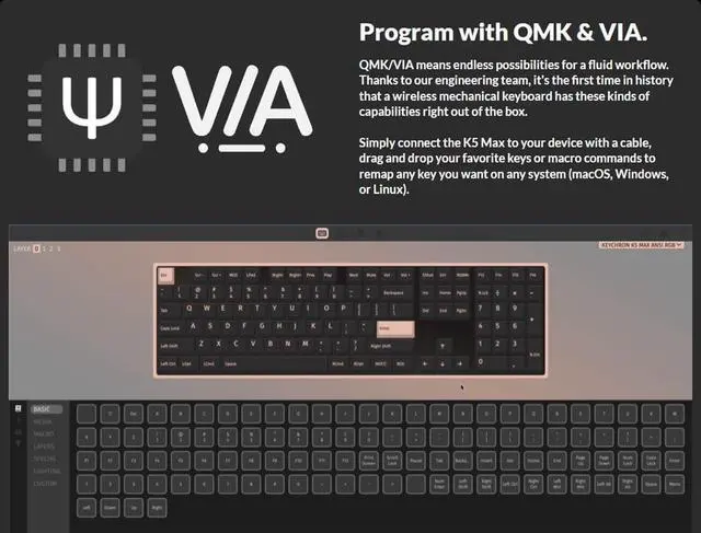 Alt view image 6 of 7 - Keychron K5 Max Ultra-Slim Wireless Custom Mechanical Keyboard, QMK/VIA Programmable Hot-Swap Bluetooth/2.4 GHz/Wired with RGB Backlight Low Profile Gateron Red Switch, PBT Keycaps for Mac Win Linux