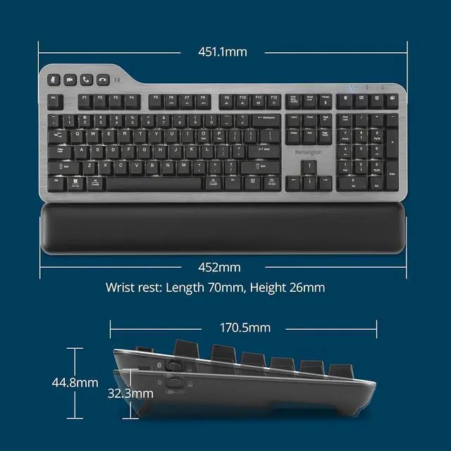 Alt view image 7 of 7 - Kensington MK7500F Silent Mechanical Keyboard  Full Size, Wireless, Backlit, Rechargeable Battery, Customizable Keys, Spill-Proof, Includes Wrist Rest, Windows & macOS