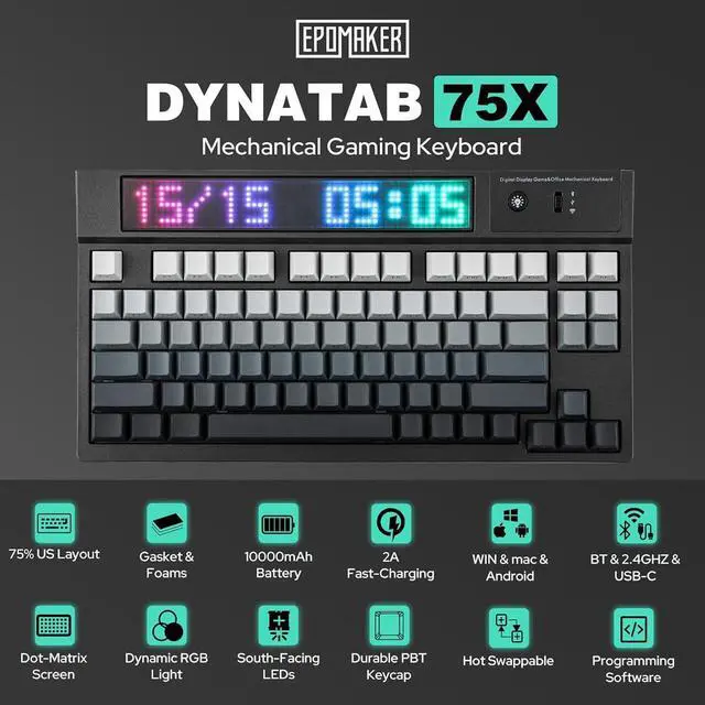 Alt view image 2 of 7 - EPOMAKER DynaTab 75X Wireless Gaming Keyboard with Custom Dot-Matrix RGB LED Screen, Hot Swap Gasket-Mounted Mechanical Keyboard, Bluetooth/2.4G/USB-C Custom Keyboard (Black, Sea Salt Silent Switch)