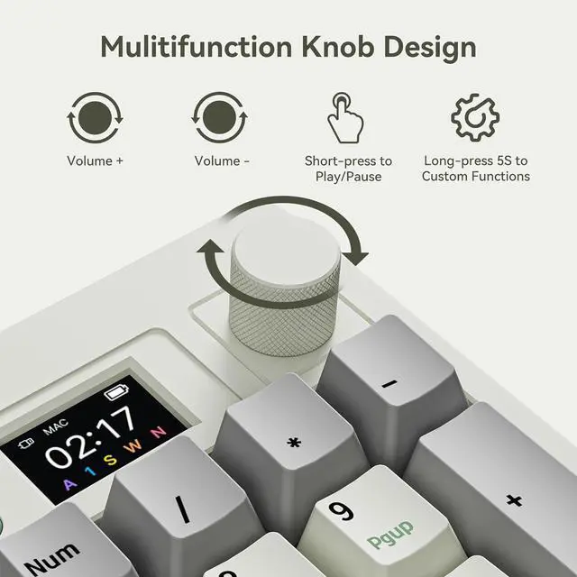 Alt view image 3 of 7 - BOYI K104Pro Retro Mechanical Keyboard with Screen&Knob,Gasket Structure BT5.0/2.4G/Type-C Wired 100% Full Size RGB HotSwap Linear Lubed Switches NKRO Keyboard for Working&Gaming