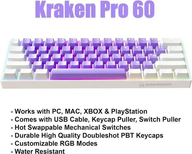 Alt view image 2 of 5 - KRAKEN KEYBOARDS Pro 60 Percent Keyboard 60% Gaming Keyboard Mechanical - White & Purple - HOT SWAPPABLE - for Gaming On PC, Xbox, PlayStation & MAC (Purple Cloud | Silver Switches)