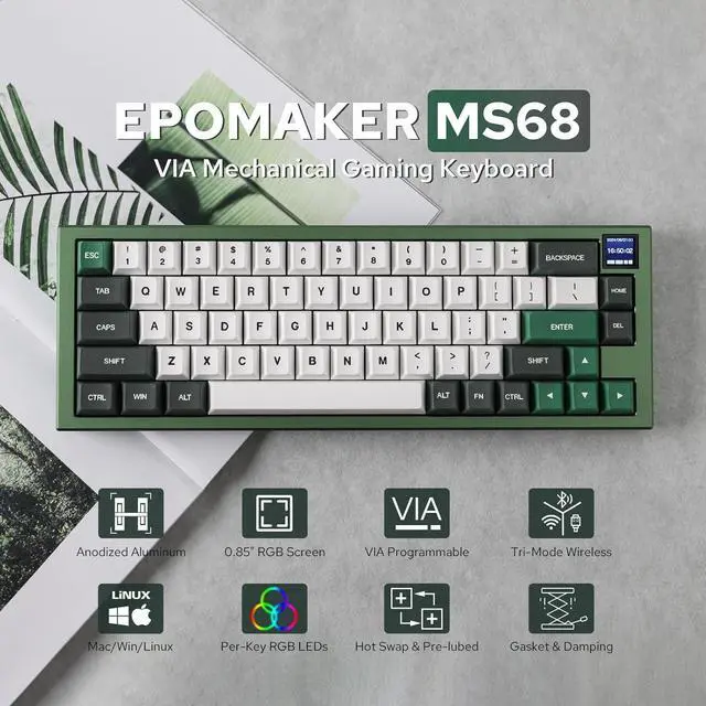 Alt view image 2 of 7 - EPOMAKER MS68 Wireless Gaming Keyboard with 0.85 Screen, CNC Aluminum Alloy Mechanical Keyboard, Bluetooth 5.0/2.4ghz/Wired Hot Swappable Custom Keyboard (Green, Flamingo Switch)